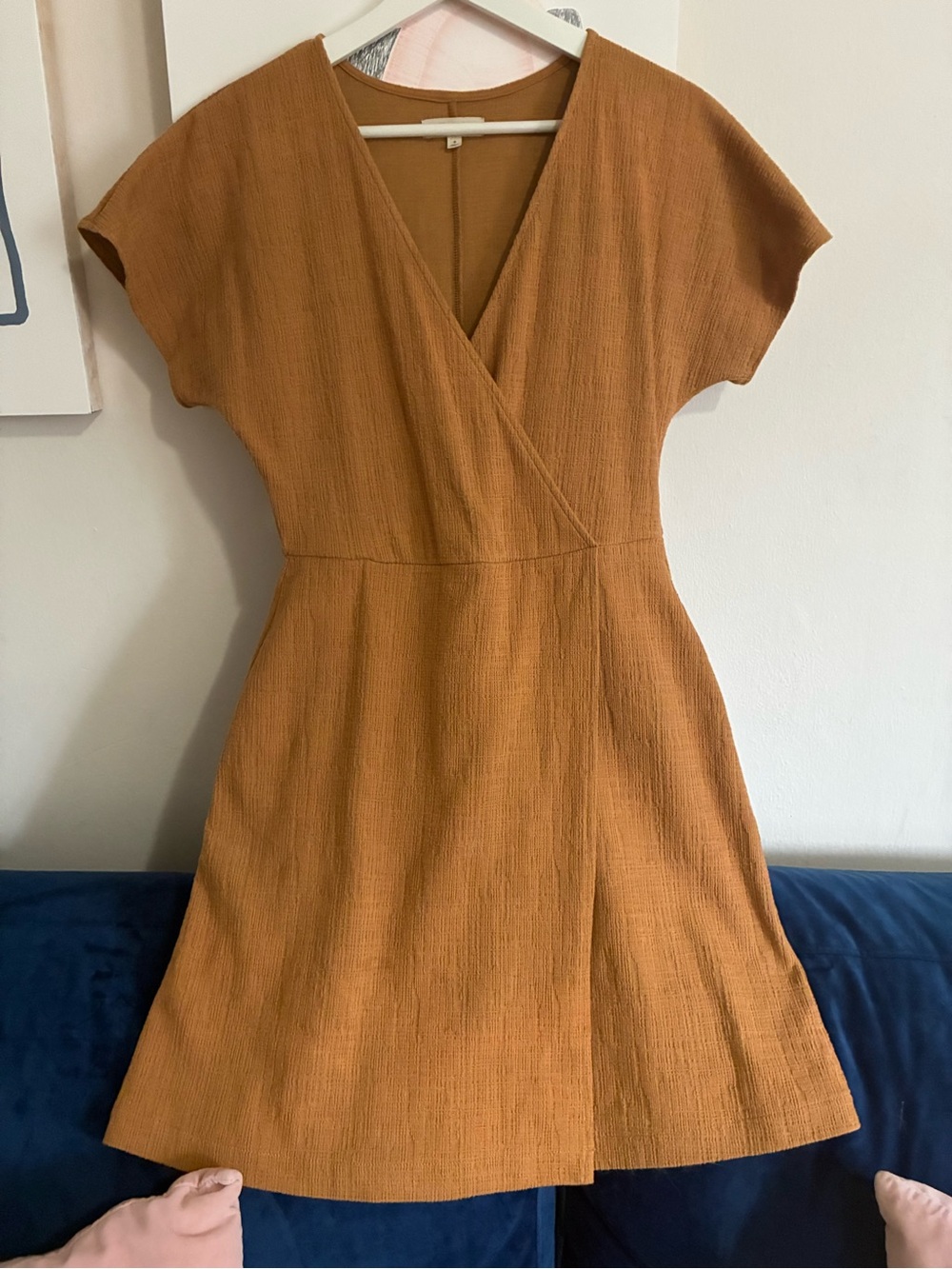 Madewell Mustard Colored Textured Faux-Wrap Mini Dress